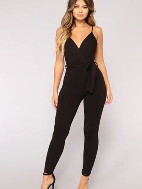 Fashion Nova Womanโs Lizbeth Black, Elastic, Tie-Waist Jumpsuit, Size XS